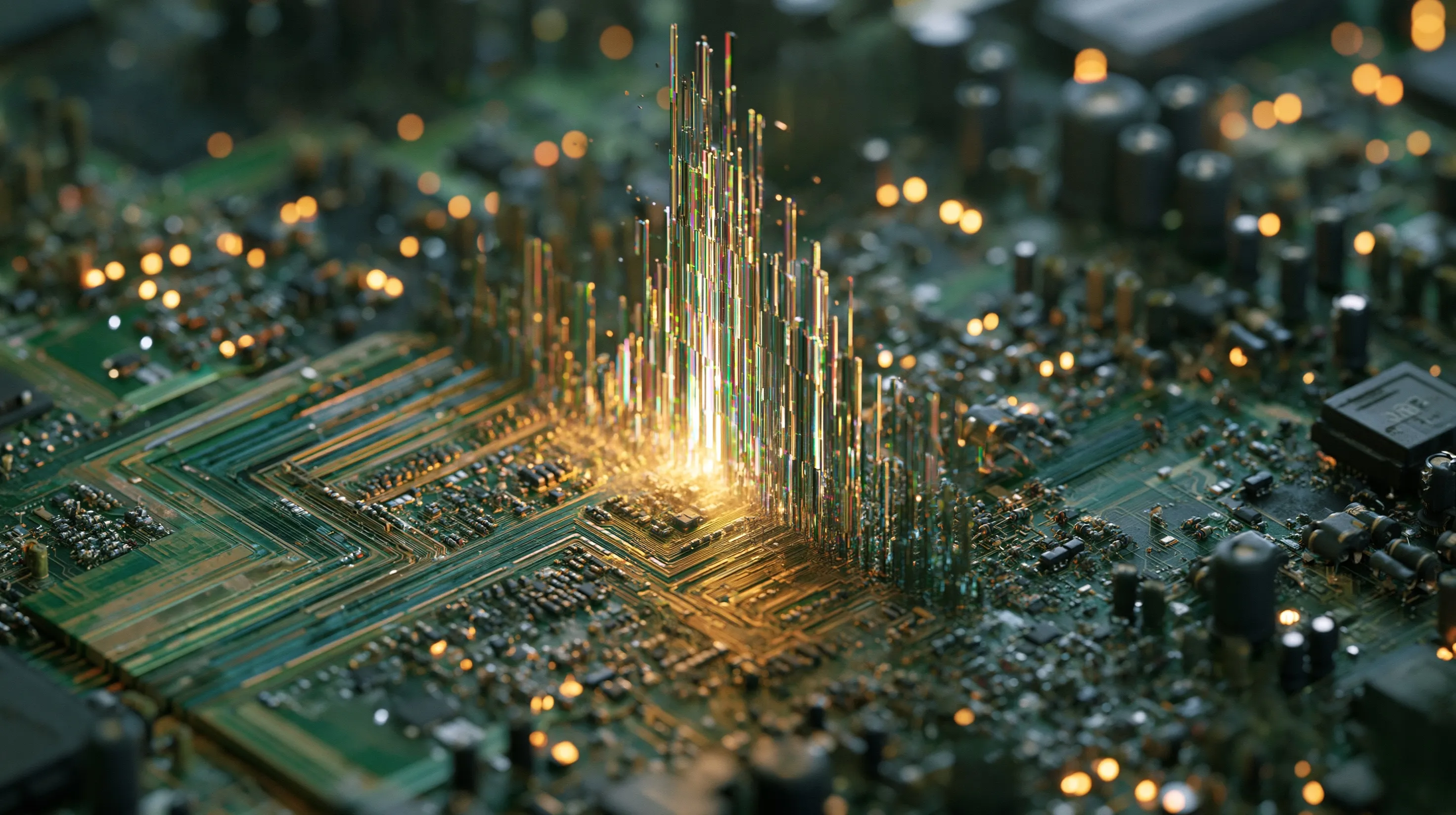 a chip in an embedded device with light coming from it